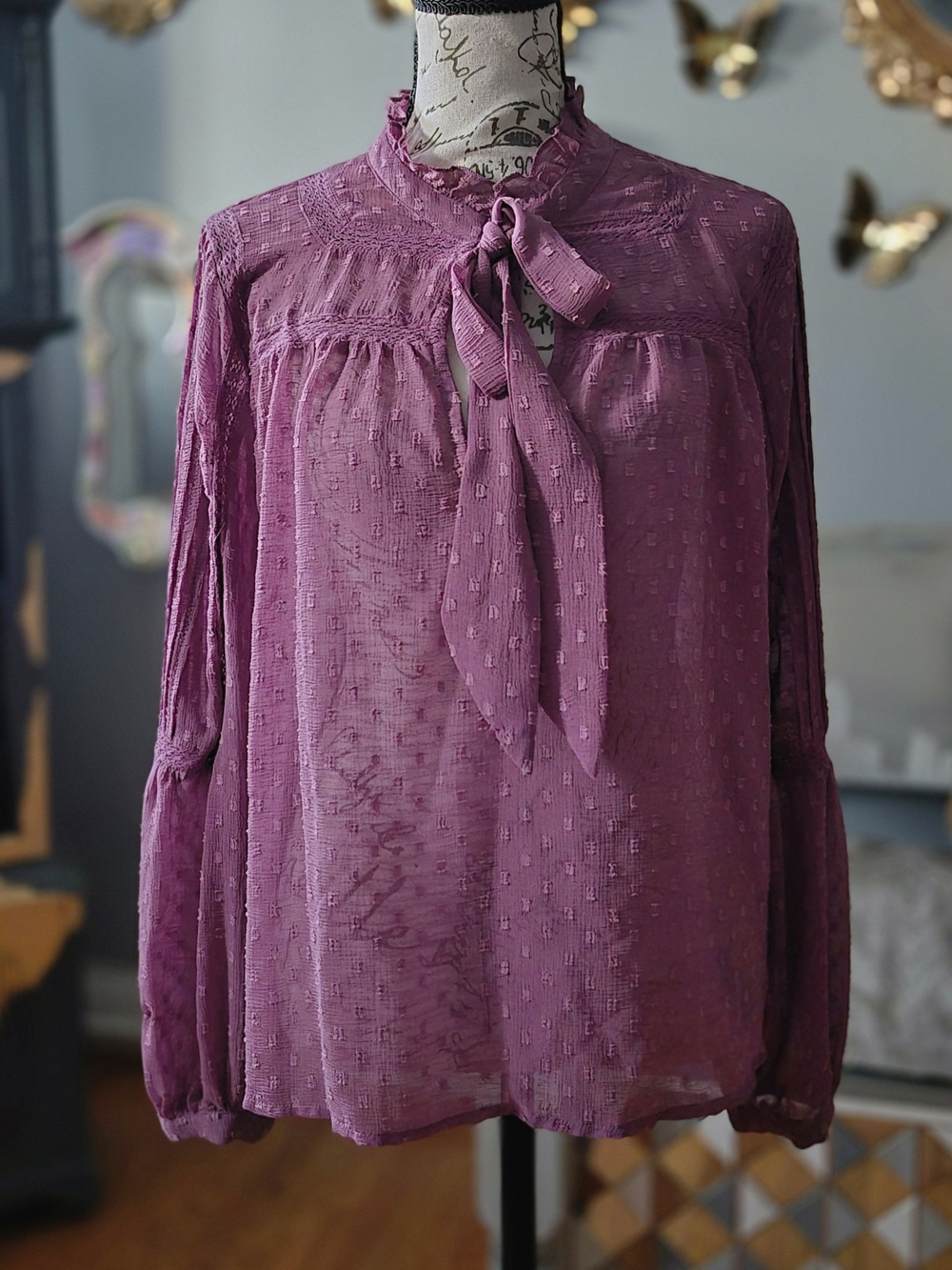 Zara 70s Vibe Mauve Tie-Neck Long Sleeve Blush Blouse Medium